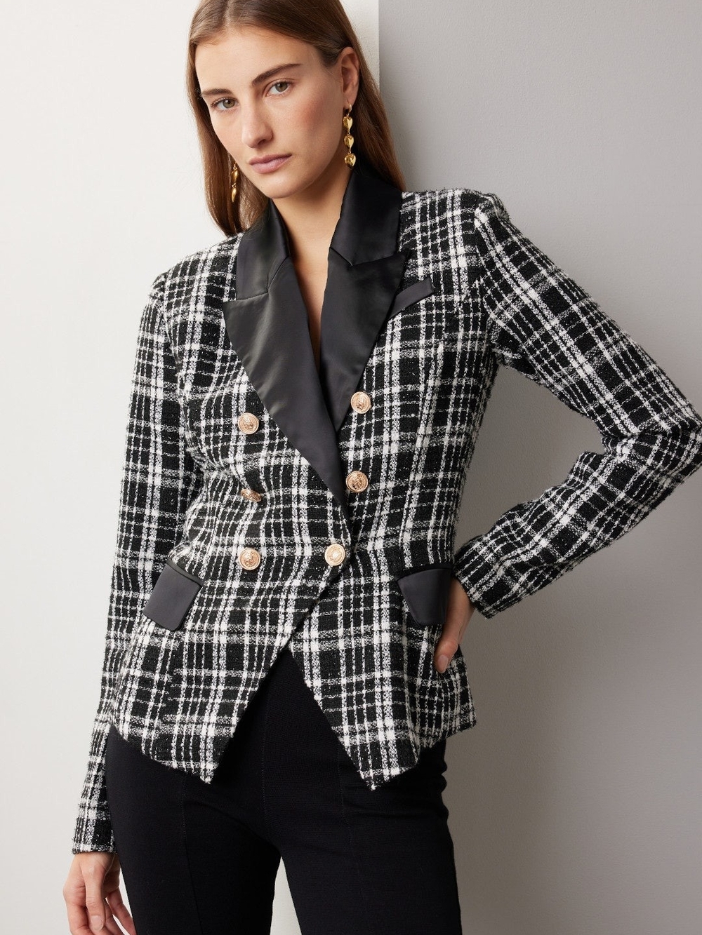 RACHEL PARCELL Black White Metallic Tweed Satin Lapel Double Breasted Blazer 8